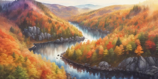 A painting of a river with a river and mountains in the background