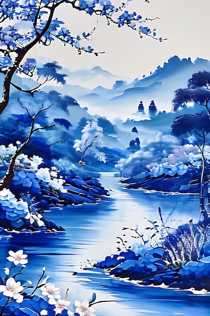 a painting of a river with a river and mountains in the background