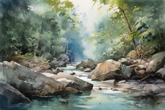 A painting of a river with rocks in the foreground.