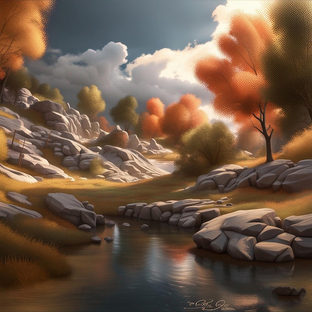 Foto un dipinto di un fiume con rocce e alberi sullo sfondo.