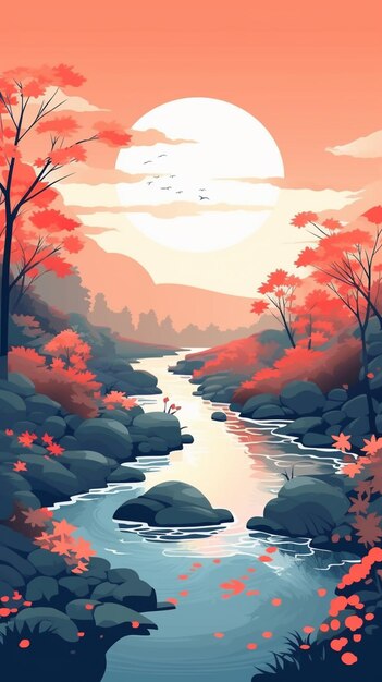 A painting of a river with rocks and trees in the foreground generative ai