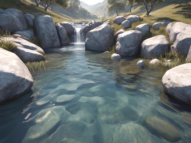 a painting of a river with rocks and a waterfall