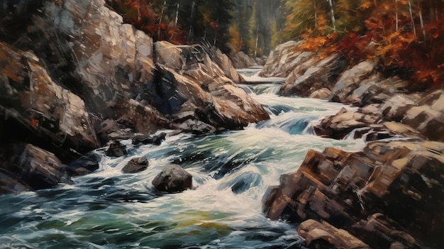 A painting of a river with a rocky cliff in the background.