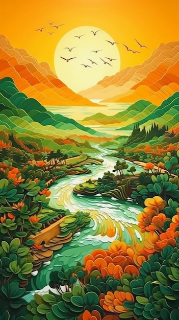 A painting of a river with a sun setting in the background.