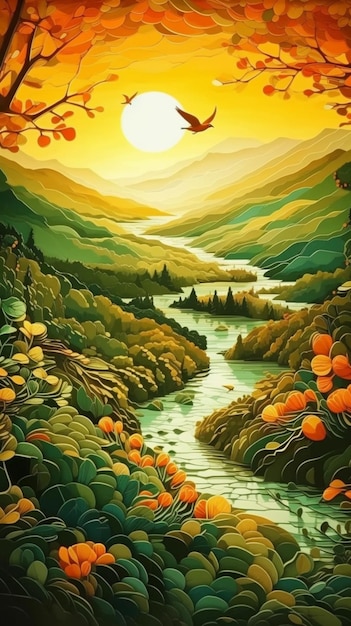 태양이 있는 강의 그림과 바닥에 "일몰"이라는 단어가 있습니다.