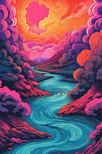 Photo a painting of a river with a sunset in the background generative ai