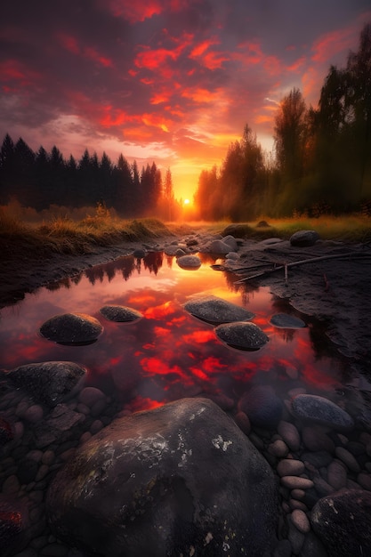 夕日を背景にした川の絵