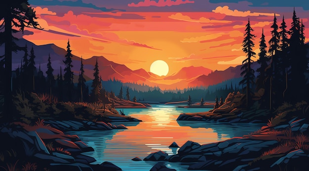 A painting of a river with a sunset in the background.