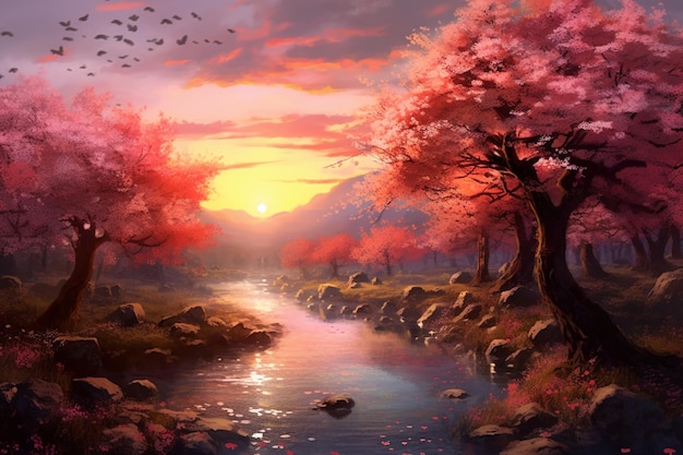 A painting of a river with a sunset in the background