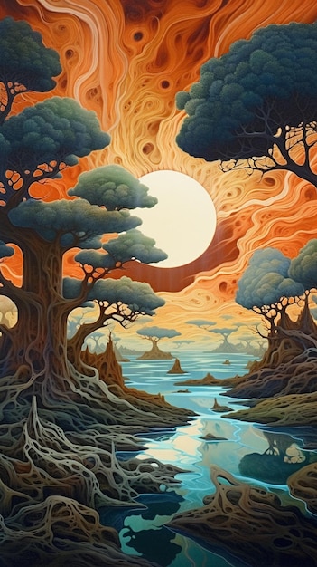 A painting of a river with a sunset and trees in the background.