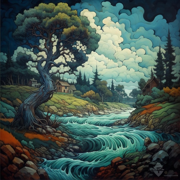 Painting of a river with a tree and a house in the distance generative ai