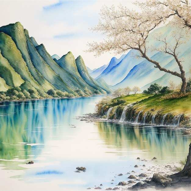 painting of a river with a tree and mountains in the background