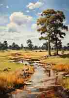 Photo a painting of a river with a tree and a river in the background