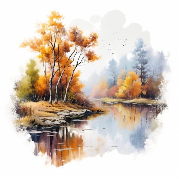 Картина реки с деревьями и птицами, летящими над ней