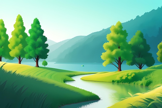 a painting of a river with trees and mountains in the background