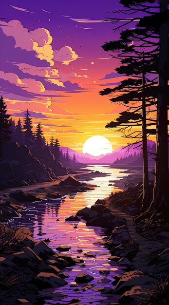 картина реки с деревьями и солнцем на заднем плане