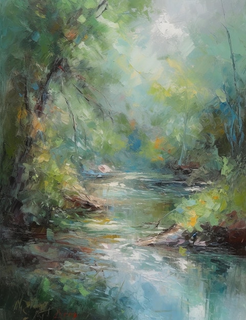 painting of a river with trees and water in the background generative ai