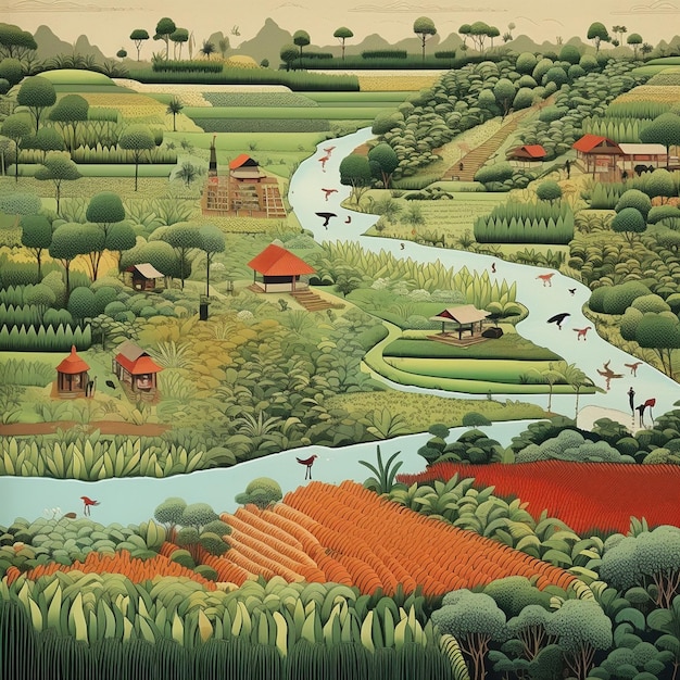 村を背景にした川の絵。