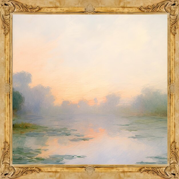 A painting of a river with water lillies