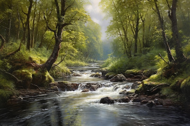 A painting of a river with a waterfall in the background