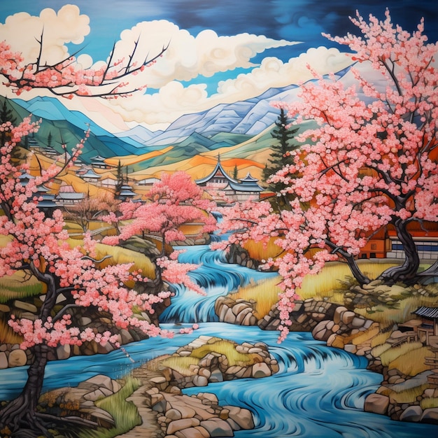 폭포와 산을 배경으로 한 강의 그림