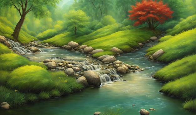 A painting of a river with a waterfall and a tree with red leaves