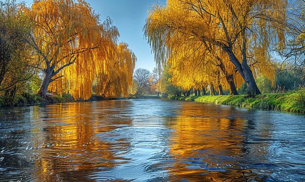 a painting of a river with a yellow tree in the background