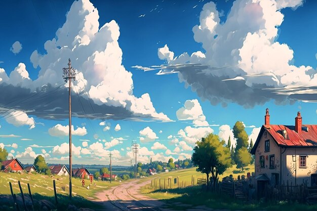 A painting of a road in front of a cloudy sky