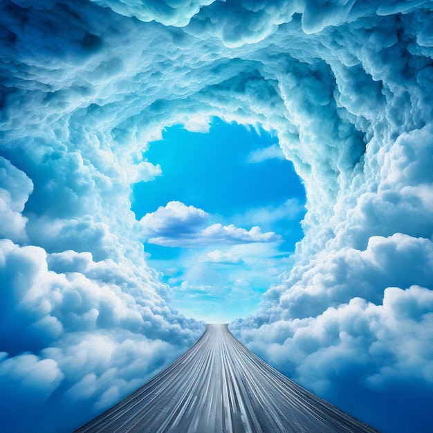 A painting of a road going through a tunnel with a blue sky and clouds in the background.