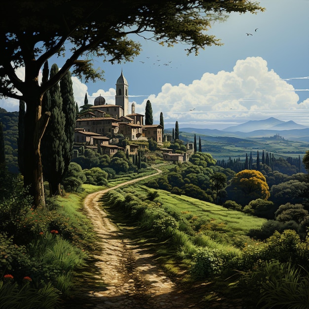 Foto pittura di una strada che porta a un castello in una valle verde generativa ai