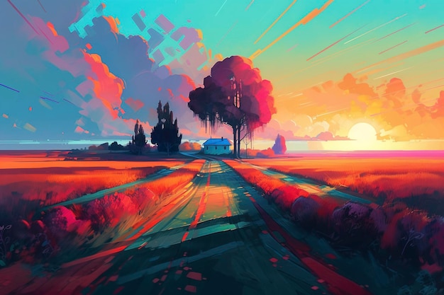 A painting of a road leading to a house with a sunset in the background.