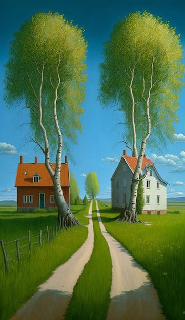 A painting of a road leading to a house with trees in the background.