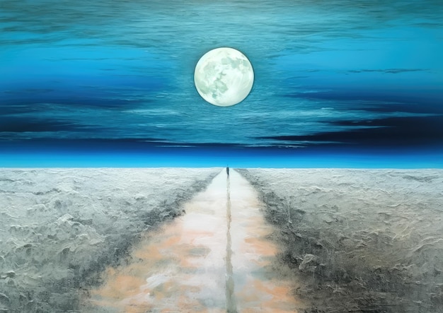 A painting of a road leading to the moon