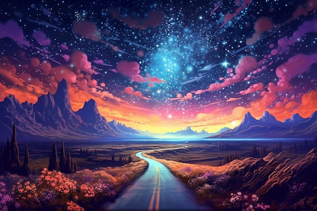 Painting of a road leading to a mountain with a star filled sky generative ai