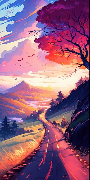 A painting of a road leading to a mountain with a sunset in the background.