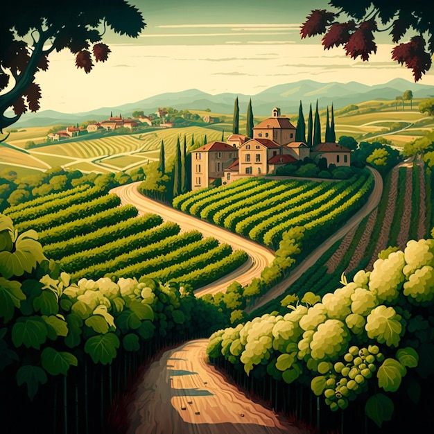 Painting of a road leading to a vineyard with a house in the distance generative ai