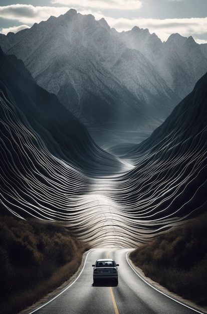 A painting of a road that has a light on it