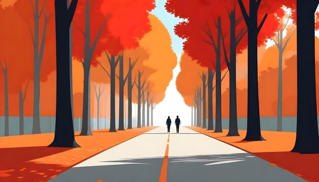 Photo a painting of a road with a couple walking in the distance