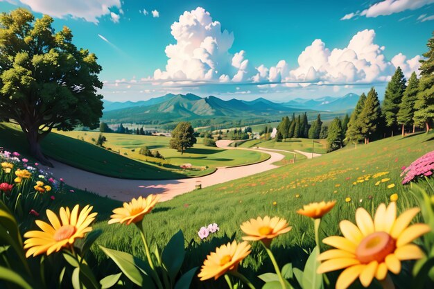 A painting of a road with a field of flowers and a mountain in the background.