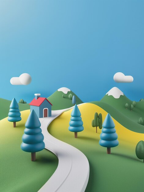 a painting of a road with a house and trees