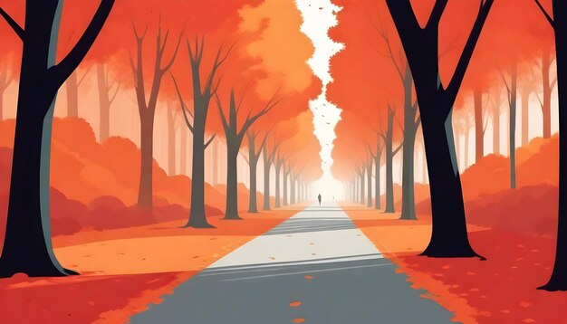 a painting of a road with a man walking in the distance