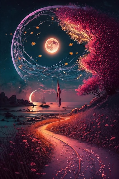 A painting of a road with a moon and stars