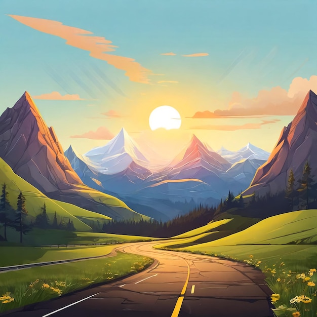 a painting of a road with mountains and a sunset