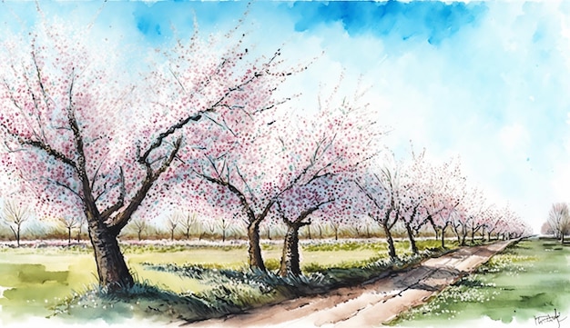 A painting of a road with pink cherry trees in bloom.