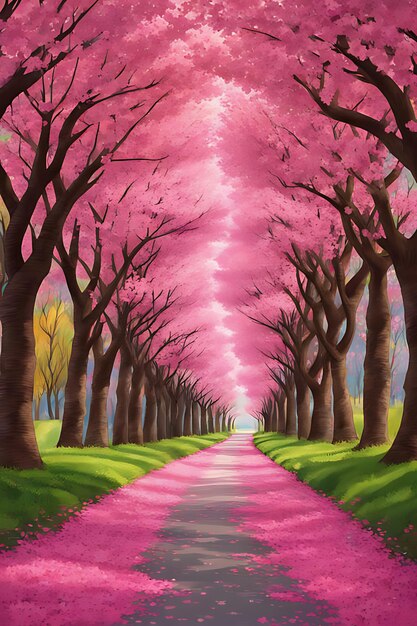 a painting of a road with a pink flowered path