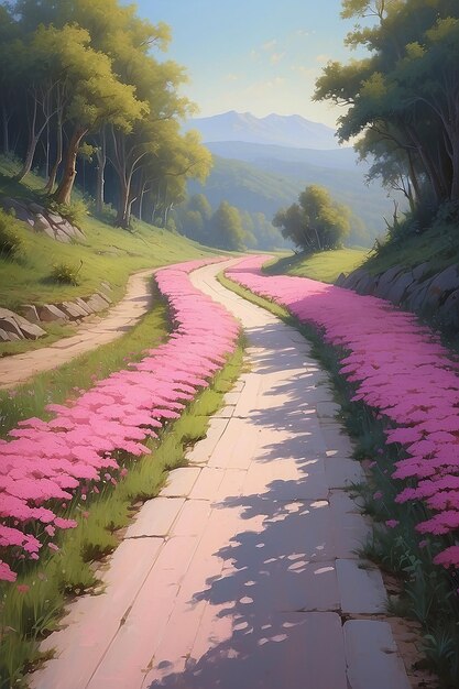 A painting of a road with pink flowers