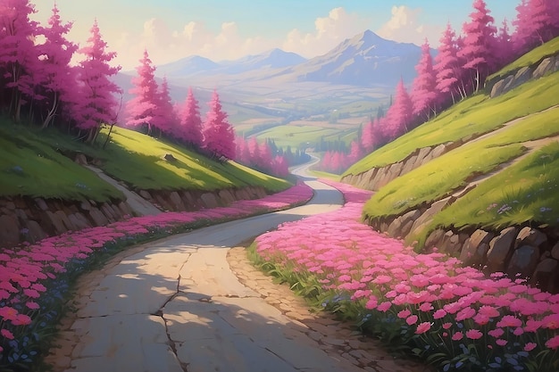 A painting of a road with pink flowers