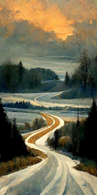 A painting of a road with a snowy landscape and the words " winter " on the bottom.