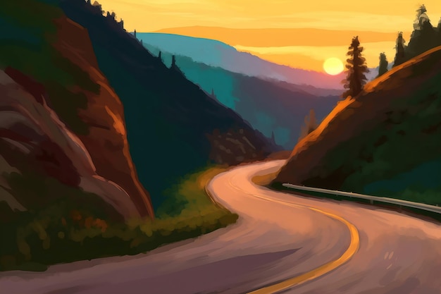 A painting of a road with a sunset in the background.