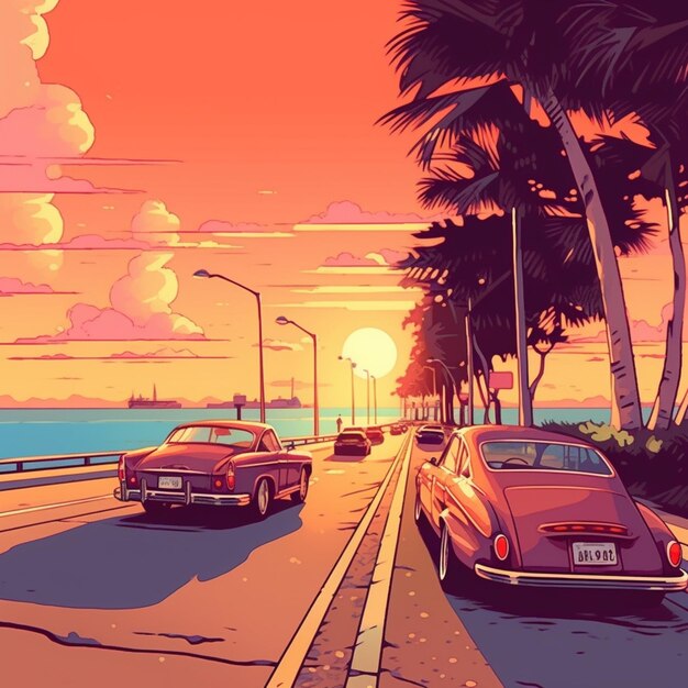A painting of a road with a sunset in the background